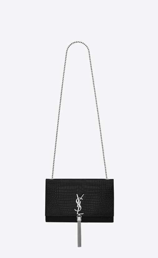 SAINT LAURENT MONOGRAM KATE WITH TASSEL Femme Kate medium avec pompon en cuir brillant embossé crocodile a_V4